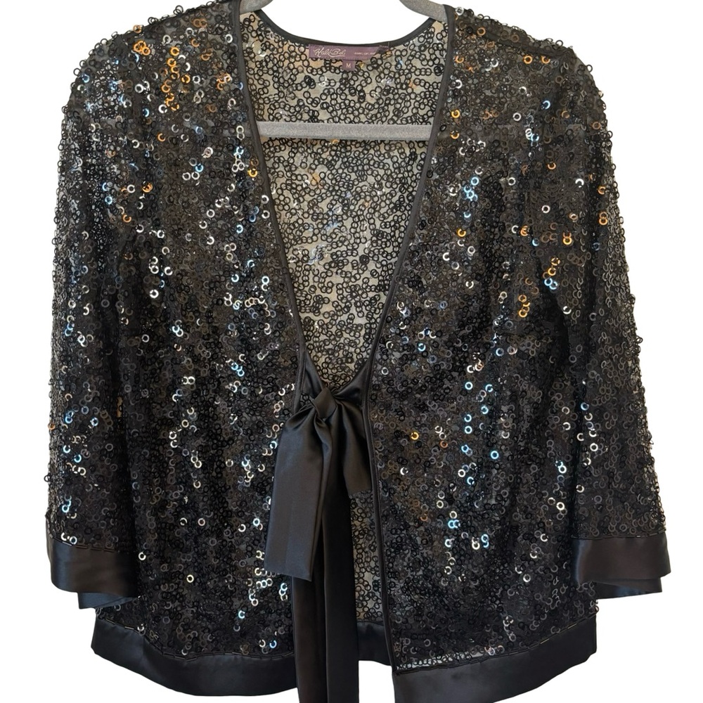 Hale Bob Black Sequin Silk Kimono Cardigan Size Medium